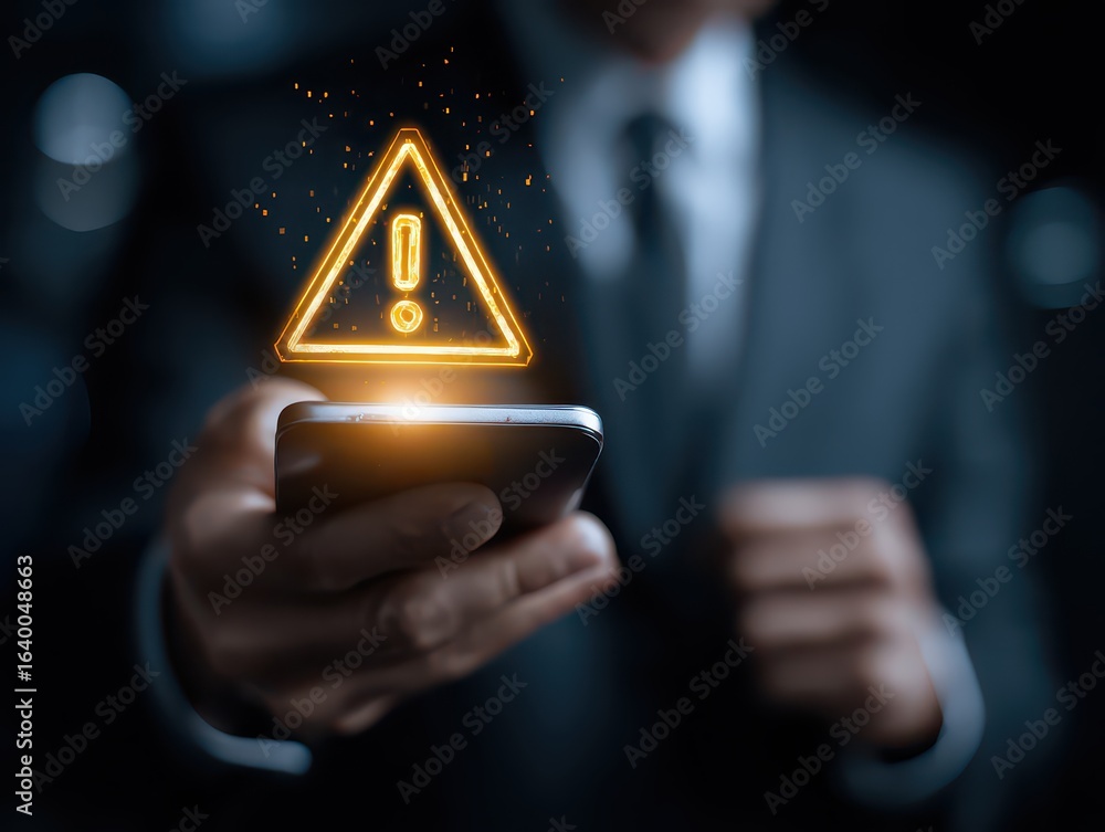 Poster businessman using smartphone with electronic email hacking and spam warning symbol. cyber attack net