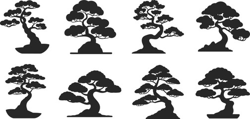 Bonsai tree silhouette set — stylized Japanese bonsai illustrations, decorative Zen tree icons, black vector nature art for design