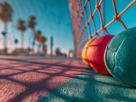 Two sports balls - colorful volleyball and orange basketball - positioned on outdoor court during golden hour, representing diverse athletic activities and recreational sports concepts.