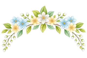 Fototapeta premium Arching watercolor floral arrangement with delicate blue and yellow flowers isolated on transparent background