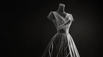 Wireframe design of fashionable maxi dress showcases intricate details and modern style. elegant silhouette highlights creativity and innovation in fashion design