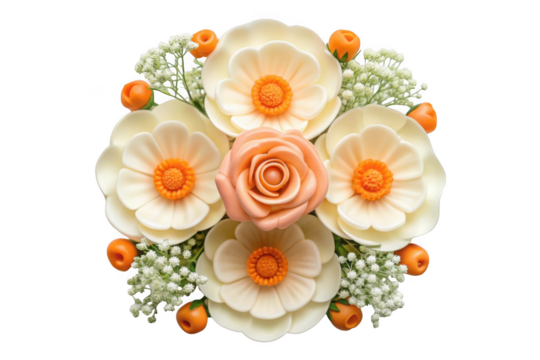 Beautiful floral arrangement with cream and peach flowers isolated on transparent background
