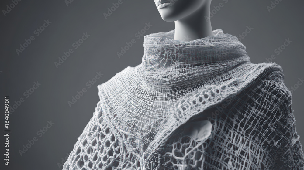 Poster fashionable poncho design displayed on mannequin, showcasing intricate wireframe patterns and textur