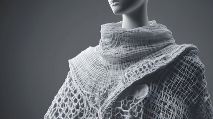 Fashionable poncho design displayed on mannequin, showcasing intricate wireframe patterns and textures. garment features modern aesthetic, emphasizing creativity and style