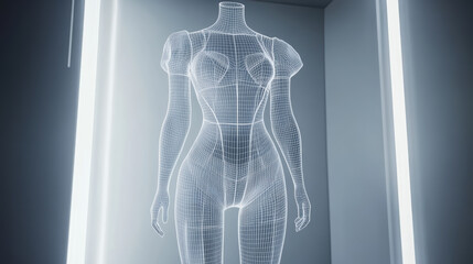 Wireframe design of fashionable romper displayed on mannequin, showcasing modern fashion technology and innovative design elements in sleek, illuminated environment
