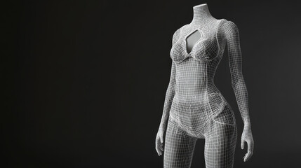 Wireframe design of fashionable romper displayed on mannequin, showcasing intricate details and modern style. design emphasizes creativity and innovation in fashion