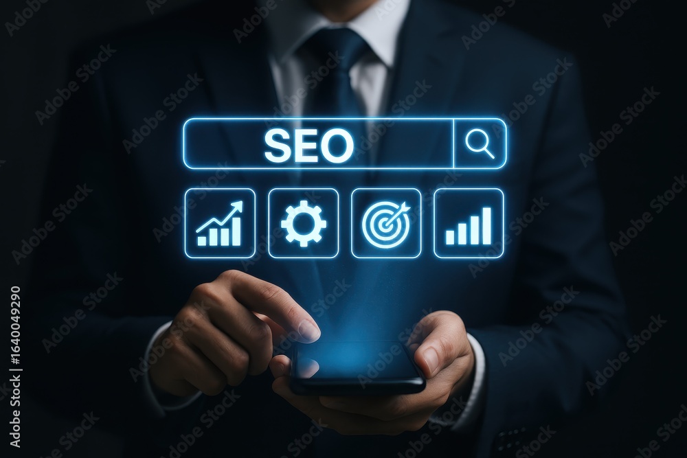 Poster businessman using smartphone to optimize seo strategy with digital marketing icons and growth charts