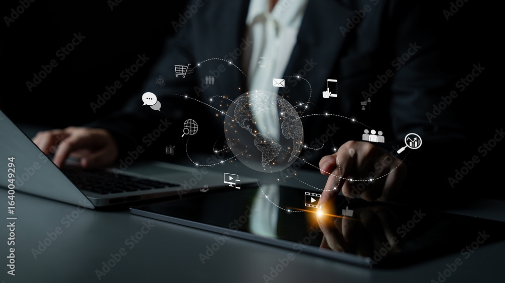 Poster visualization of global digital communication and online across multiple platforms, including global