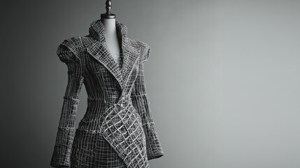 Structured coat design displayed on mannequin, featuring unique wireframe pattern. coat showcases innovative style with distinct lines and shapes, emphasizing modern fashion aesthetics