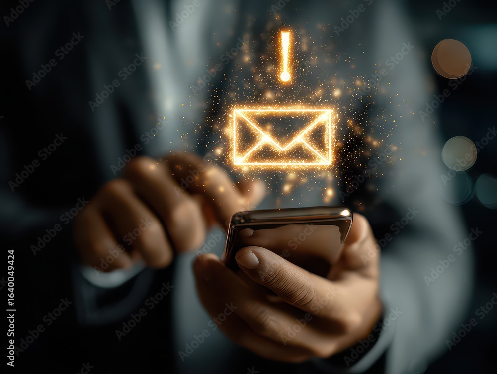 Aufkleber businessman using smartphone with new message electronic email hacking and spam warning symbol. cybe