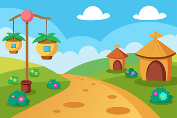 Fototapeta premium Cartoon vector illustration of a rural landscape with a small cottage, green grass, and trees under a sunny sky