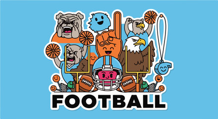 Fototapeta premium A fun cartoon football sports concept with mascot characters and game day fan elements.