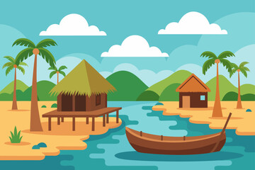 Obraz premium Tropical seascape illustration with a boat on the water near a palm tree on a sandy beach