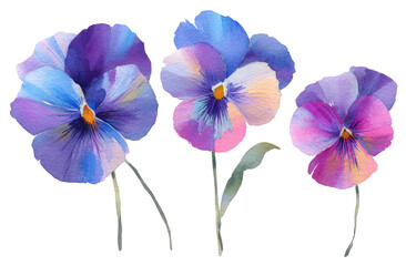 Watercolor pansy blossoms in vibrant hues of purple, blue, and pink.  Detailed floral illustration with soft, blended color gradients.  