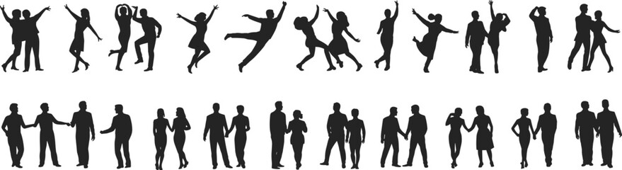 Dancing and walking couple silhouettes — vector illustrations of romantic, joyful, and casual poses, perfect for love, dance, and relationship themes