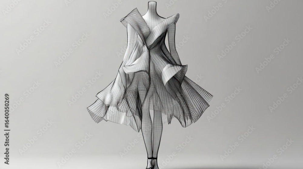 Poster wireframe design showcases unique, fashion forward outfit with flowing lines and dynamic shapes, emp