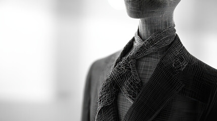 Wireframe design showcases unique fashion forward outfit, featuring tailored suit and stylish scarf. intricate details highlight modern fashion aesthetics and creativity