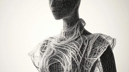 Wireframe design of unique fashion piece on mannequin, showcasing intricate patterns and textures that evoke sense of modern artistry and creativity