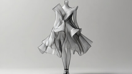 Wireframe design showcases unique, fashion forward outfit with flowing lines and dynamic shapes, emphasizing creativity and modern style. intricate details highlight garment structure and movement