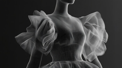 Wireframe design showcases unique, fashion forward outfit featuring voluminous puff sleeves and structured silhouette, blending modern aesthetics with artistic expression