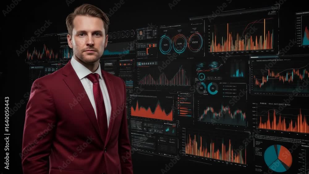 Poster confident businessman in red suit analyzing financial data - a young, serious businessman in a red s