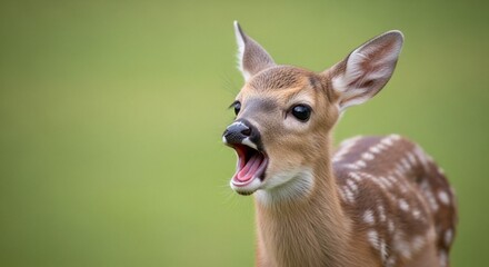 Obraz premium Close-up of a Baby Deer with Open Mouth in a Green Setting
