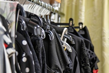 A rack of clothes primarily featuring black garments