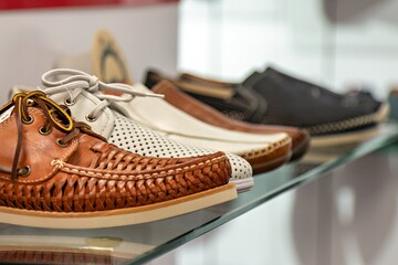 This image shows a collection of shoes displayed on a glass shelf