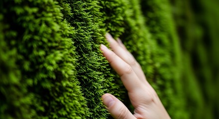 Hand Touching Lush Green Moss Wall CloseUp Nature Texture Background Sustainable Living Eco Friendly Design Element