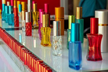This image shows a collection of perfume bottles displayed on a shelf