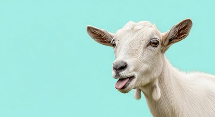 Close-up of a curious white goat sticking its tongue out on a blue background.