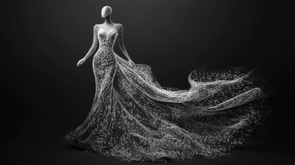Stunning artistic representation of sophisticated gown, featuring intricate wireframe details and flowing silhouette. gown showcases delicate floral patterns, exuding elegance and grace