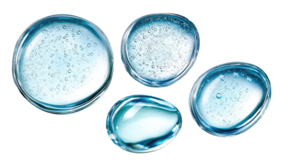 Four translucent,  circular drops of liquid