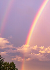 Vibrant rainbow arches across the sky after a summer rain shower over a tranquil countryside landscape during golden hour
