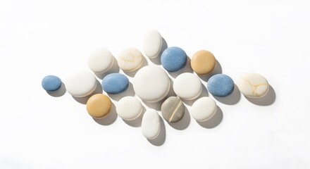 Various pills arranged in a diamond-shaped pattern, showcasing different colors and shapes