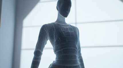 Modern wireframe representation of sportswear ensemble displayed on mannequin, showcasing intricate design details and futuristic aesthetic. image evokes sense of innovation and style