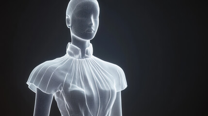 Sleek wireframe design of minimalist outfit displayed on mannequin, showcasing modern fashion aesthetics and innovative styling. visual emphasizes elegance and simplicity