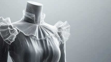 Sleek D wireframe of structured blouse on mannequin showcases intricate ruffles and modern design. elegant lines create sophisticated visual appeal, perfect for fashion enthusiasts