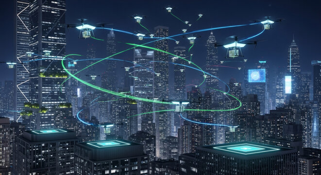 Futuristic cityscape at night with numerous drones delivering packages via interconnected network.