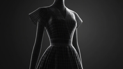 Sleek D wireframe of tailored dress on mannequin showcases intricate design details and modern fashion aesthetics. elegant silhouette highlights artistry of garment construction