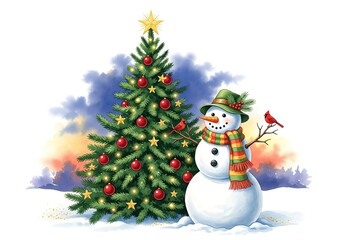 A cheerful snowman wearing a green hat and striped scarf stands beside a decorated Christmas tree with red ornaments, gold stars, and two cardinals.