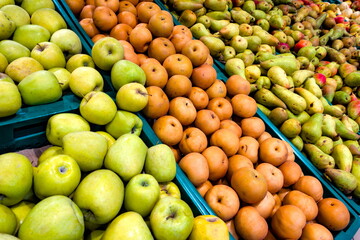 Freshly harvested apples and pears neatly arranged in a colorful display at a local market during...