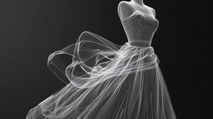 Stunning wireframe design of flowing dress on mannequin showcases elegance and creativity. intricate lines create sense of movement and grace, capturing essence of fashion art