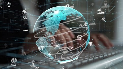 A digital representation of global connectivity featuring a virtual globe, network interactions,...