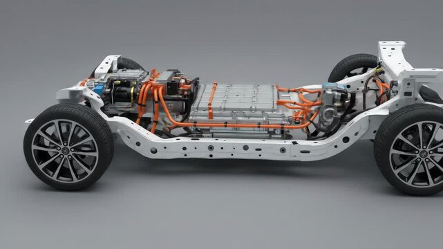 Electric Vehicle Chassis with Battery and Motor - Detailed cutaway view of an electric vehicle chassis showcasing the battery pack, electric motor, and other components.