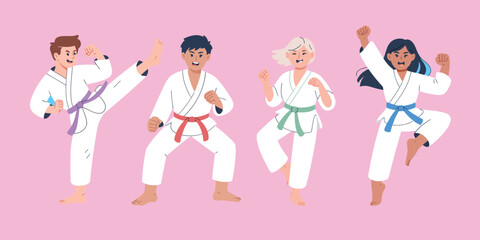 Multiracial Karate Kids Wearing Kimonos Practicing Martial Arts, Diverse Children in Action Poses, Flat Design Style for Sports and Education Themes © VECTOR ZONE