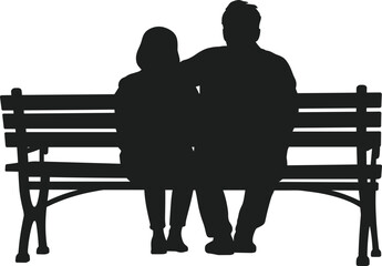 Romantic couple silhouette sitting on bench, peaceful moment, love and relationship concept, outdoor scene, vector illustration art.