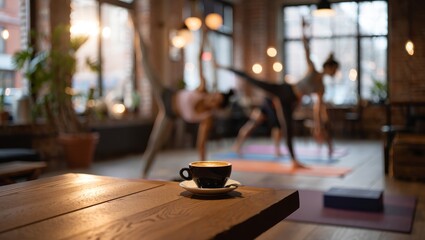 Coffee cups on tables and a bar in a cozy cafe setting