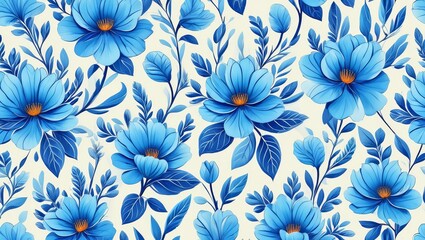 Blue floral seamless pattern with decorative flowers and leaves on a textured background