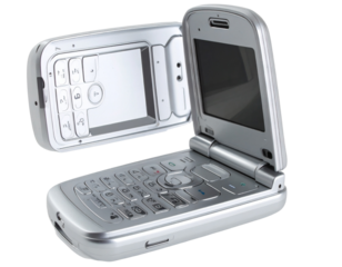  3D Render of an Open Flip Phone with Metallic Finish, Angled Perspective, Transparent Background
